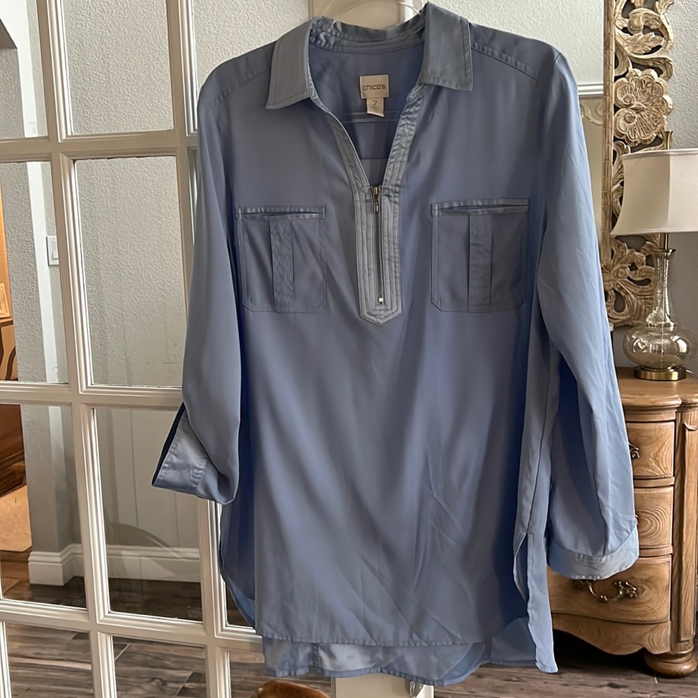 Chico’s Size 2 Light Blue Silky Blouse - Picture 1 of 6
